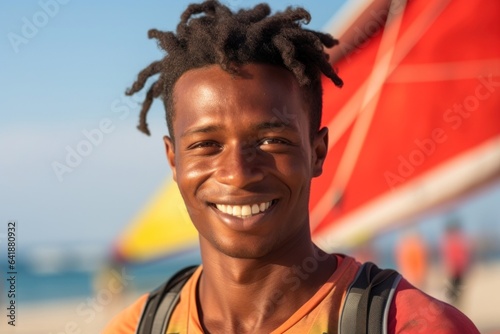 A young African man stands still in a closeup portrait his eyes determined even as he smiles kite surfing equipment visible in the background.