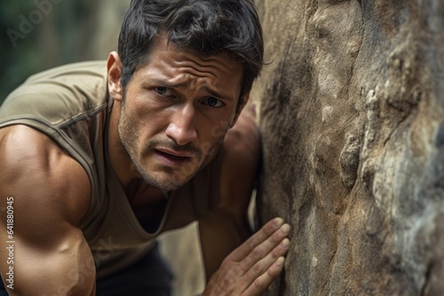 A Latino male athlete concentrating on his climb his hands clinging to a rock wall viewed from a closeup still portrait.