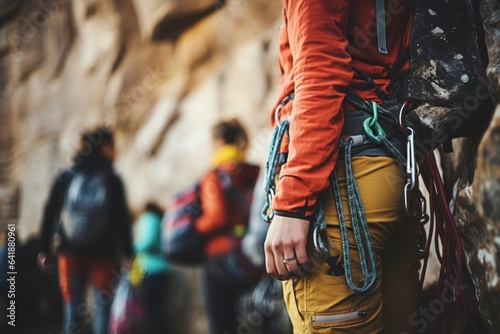 Caucasian rock climber stands with legs straddled her cheek pressed against the stone wall as the blurred shapes of climbers and equipment create a telling backdrop.