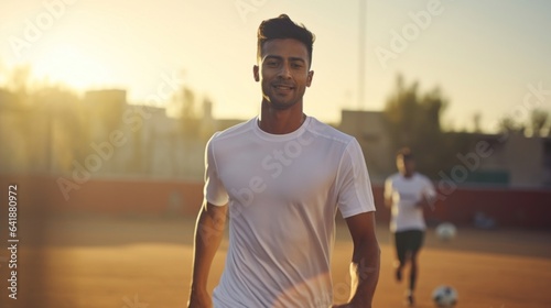 A slim Indian male football player in an action pose against a sunbathed soccer field in the background. © Justlight