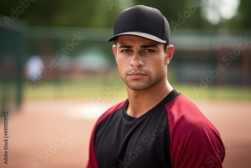 A confident Latino man in an unbranded softball uniform with a serious expression standing still in a close up portrait with a blurred background of a softball game. © Justlight