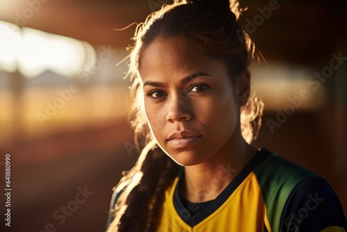 A close up portrait of a stronglooking Indigenous Australian softball player with a blurred softball diamond behind her.