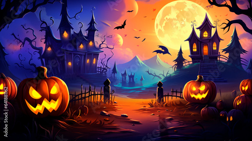 Halloween backgrounds in a fun cartoon style. Halloween wallpaper with pumpkins, spooky houses and ghosts. Generative AI