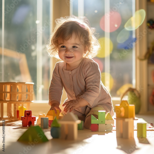 Dziewczynka bawiąca się drewnianymi zabawkami