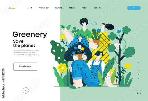 Greenery, ecology -modern flat vector concept illustration of people surrounded by plants and flowers. Metaphor of environmental sustainability and protection, closeness to nature