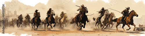 An Illustration of a Grainy Rodeo with Large Horses and Cowboys