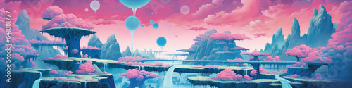 An Illustration of a Risograph-Inspired Dreamscape with Floating Islands and Waterfalls