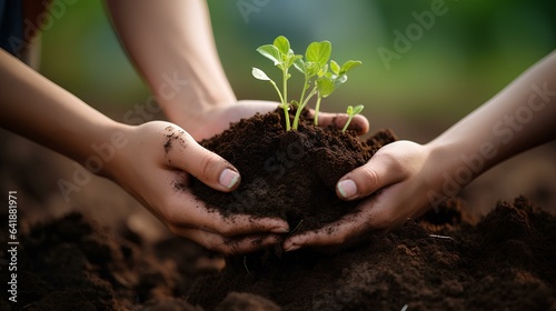 woman s hand holding up a mound of soil where seedlings grew  together to help the environment. generative AI