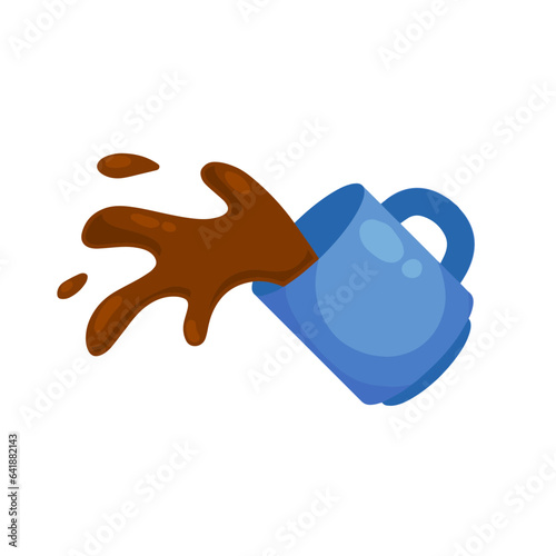 Spilled Cup of coffee. Spray and drop. Sloppy handling in kitchen. Drink with caffeine. Cartoon flat illustration.