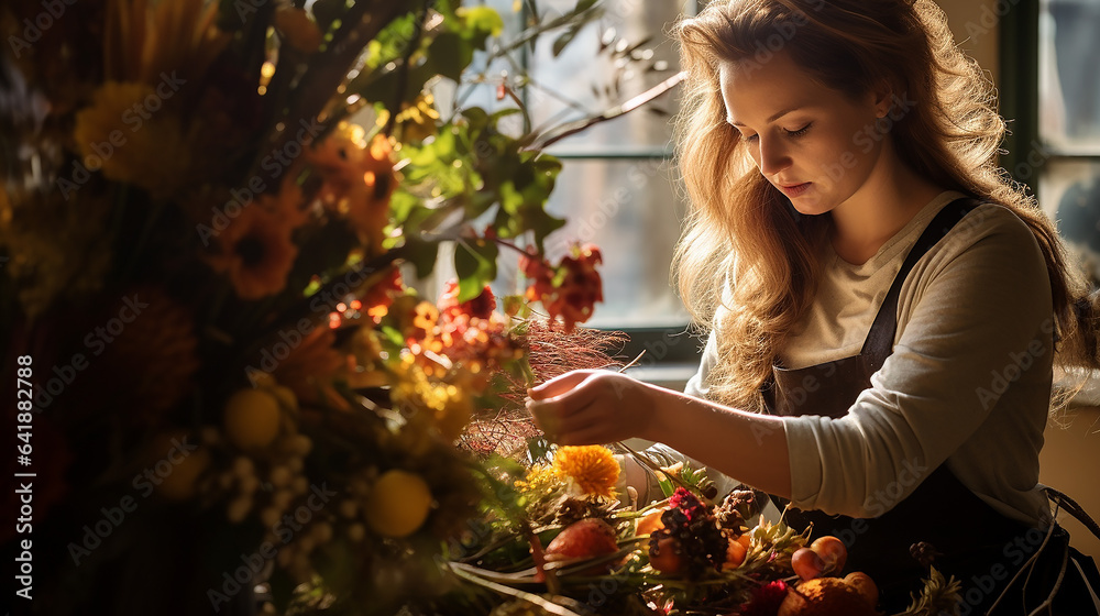 Female florist making beautiful bouquet in flower shop, closeup Female florist making beautiful bouquet in flower shop, closeup