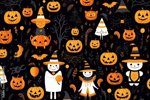 Cute Halloween wallpaper pattern with Halloween symbols in orange, black and white. © Simon