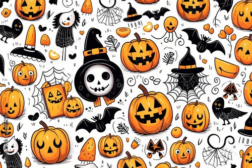 Cute Halloween wallpaper pattern with Halloween symbols in orange, black and white.