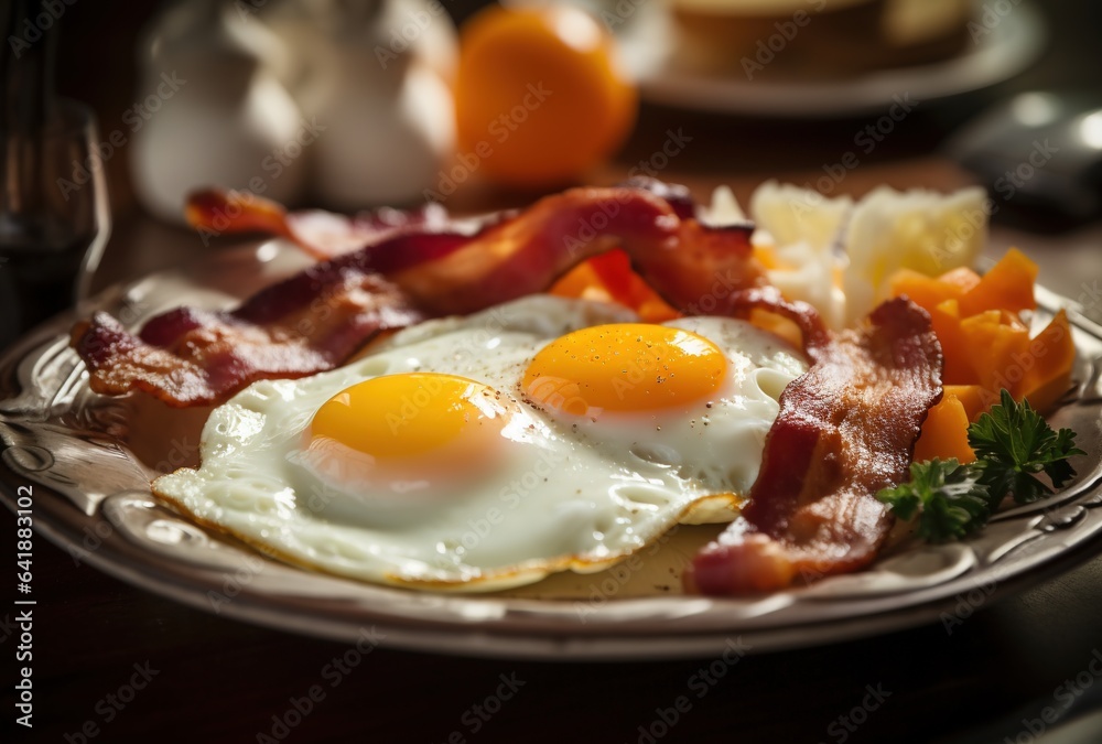Hearty breakfast with fried eggs and bacon Hearty breakfast with fried eggs and bacon