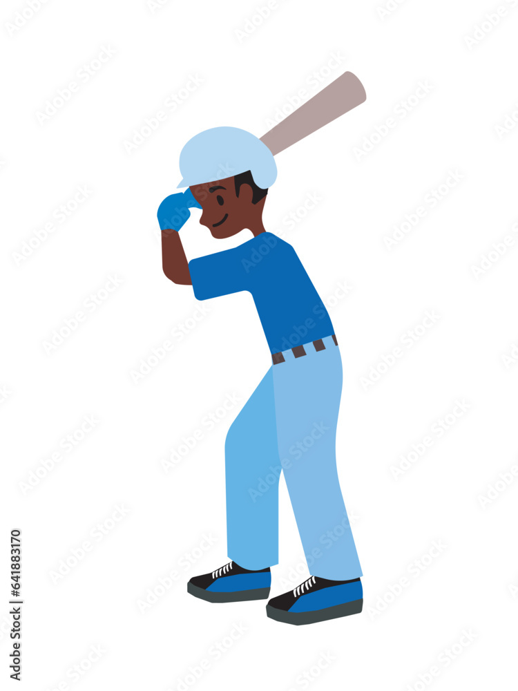 Black male baseball athlete holding a baseball bat, sport. Fun flat