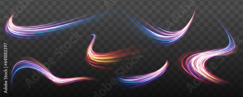 Magic swirl with light effect in red, purple, blue colors. Expressway in long exposure. Vector illustration of trendy futuristic design.