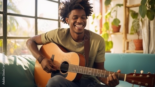 young joyful african american man playing acoustic guitar at home, sitting on sofa in living room - generative AI, fiction Person