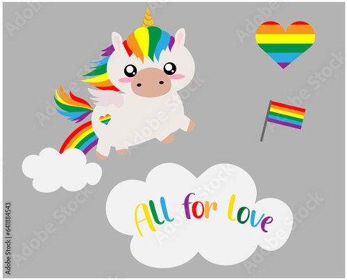 ilustracion vectorial de set con varios elementos LGTB, arcoiris, unicornio, bandera gay, nube con texto, corazon de arcoiris