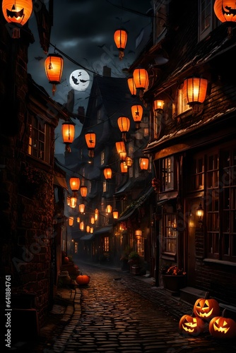 A cobblestone street adorned with flickering lanterns and lined with quaint shops, their windows displaying eerie decorations for Halloween.

