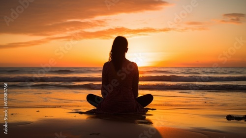 Calm woman meditating on beach at sunset - generative AI, fiction Person