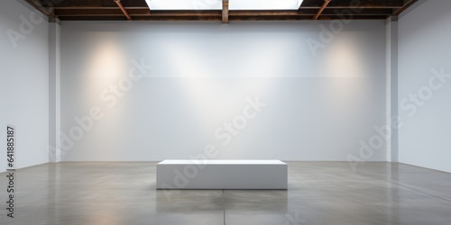 An empty white room with a white cube on the floor, AI