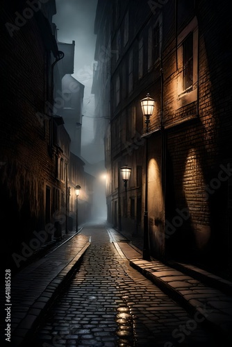 A misty evening scene capturing a deserted  narrow alleyway with old lampposts casting an eerie glow on the wet cobblestones. 