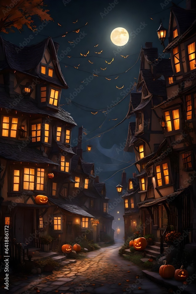 A moonlit street in a quiet village, with historic houses decked out in spooky decor and glowing jack-o'-lanterns.
