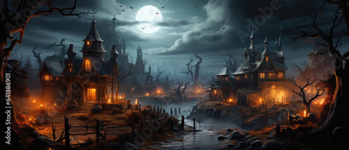 Happy Halloween background spooky scene, creepy dark night jack o lantern pumpkins and spooky graves on graveyard ghosts horror gothic evil cemetery landscape. Mysterious night moonlight backdrop.