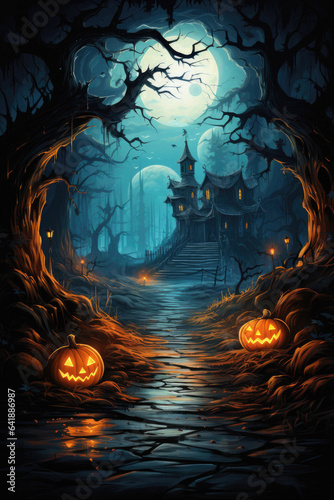 Halloween spooky background  scary jack o lantern pumpkins in creepy dark forest with bats  spooky trees and moon  Happy Haloween ghosts horror gothic mysterious night moonlight backdrop.