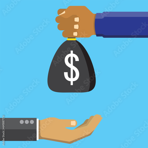 Giving and receive money bag blue background