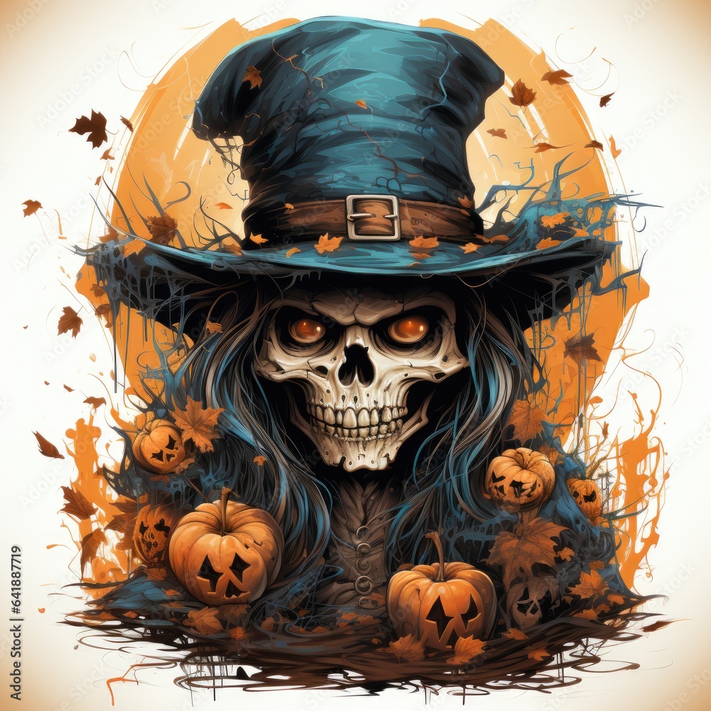 skull pumpkin hat Halloween illustration artwork scary horror isolated tattoo creepy fantasy cartoon