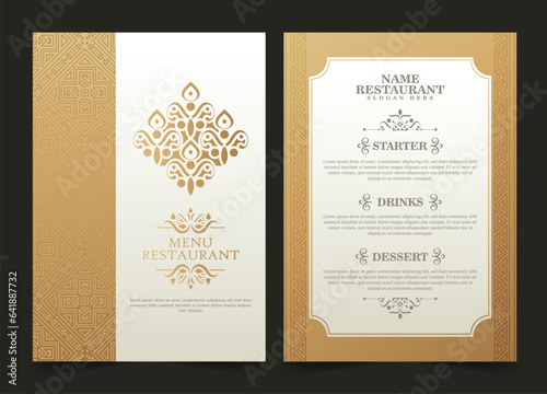 Gold restaurant menu with elegant ornamental style