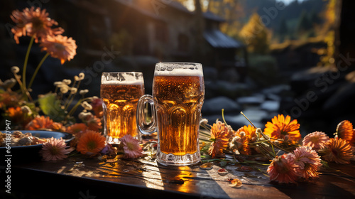 Werbebanner für den glücklichen Bier Tag, Oktoberfest oder Wiesen, Krügen erfrischender Getränke. Bayerisches Bier. Bayern, Bayerisch, Weizen, Hefe oder Weißbier, Wies