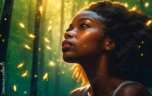 Portrait of beautiful african american woman with glowing lights in forest