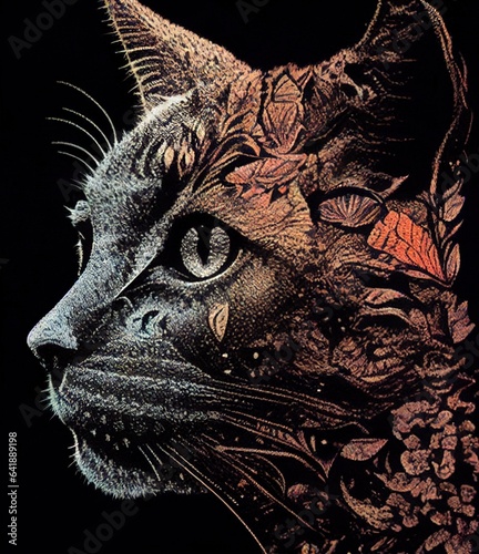 Beautiful art portrait of a muzzle of a grey cat in profile with leaves and plants instead of wool nature floral vintage style isolated on the black background creative chalk drawing