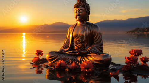 Golden Buddha statue at sunset. Yoga and Buddhism concept. Generative AI