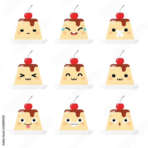 Set of cute cartoon pudding topped with cherry on plate emoji set isolated on white background. Vector Illustration.