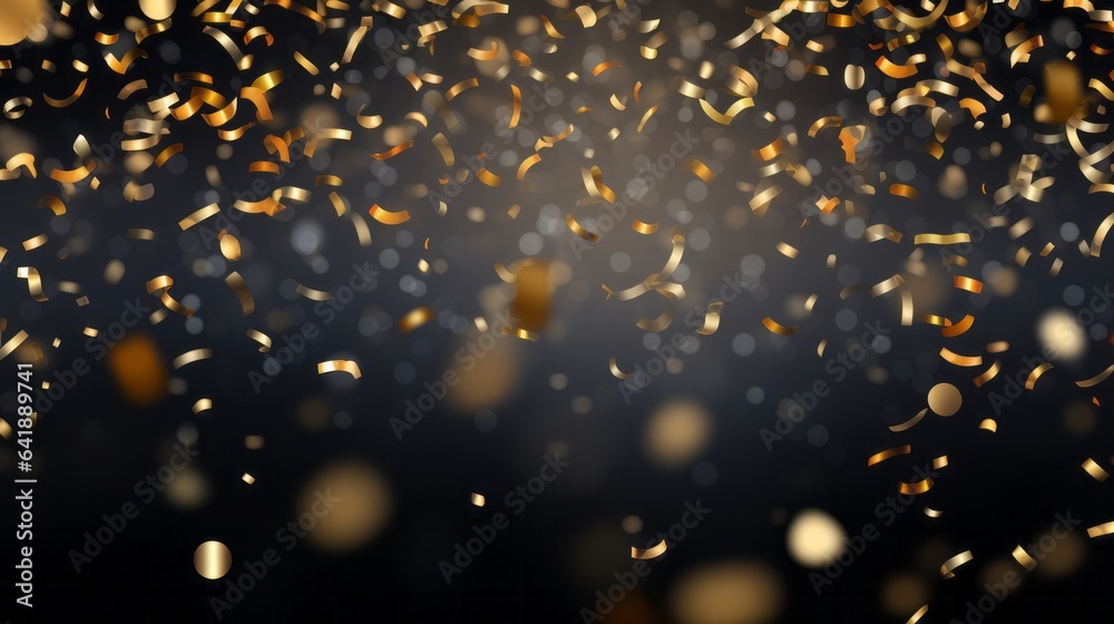 a festive celebration with a shower of golden confetti on a sleek black background