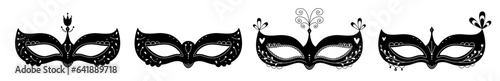 Black and white masquerade masks, illustration set, four items