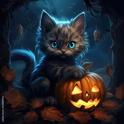 Cute black kitten with a Jack O'Lantern. Halloween concept.