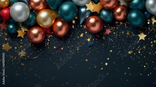 colorful balloons and stars on a midnight black background, perfect for a joyful anniversary celebration