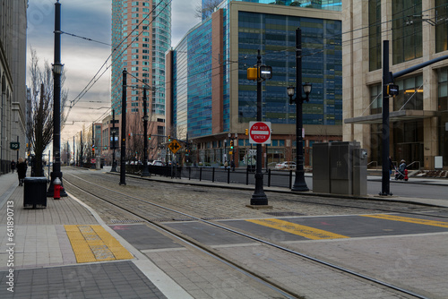 Jersey City, New Jersey, USA, view of Exchange Place light rail station. High quality photo