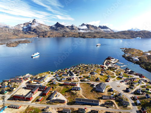 aerial view of greenland fjord tasiilaq village photo