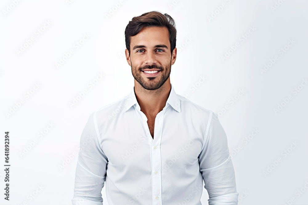 Young man, isolated on white background, with a satisfied gesture and slight smile, looks at the camera.