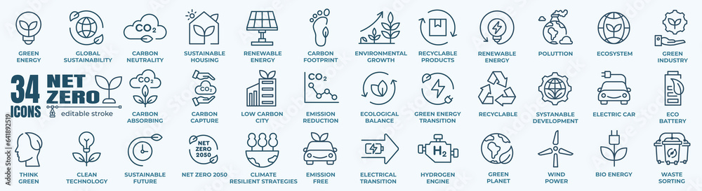 © stockgood - net zero, eco, sustainable development editable stroke outline icons set isolated on white background flat vector illustration. Pixel perfect. Editable line