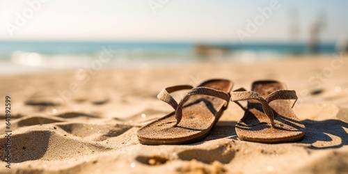 Beach sandals, leather, in summer full of sand on the shore.