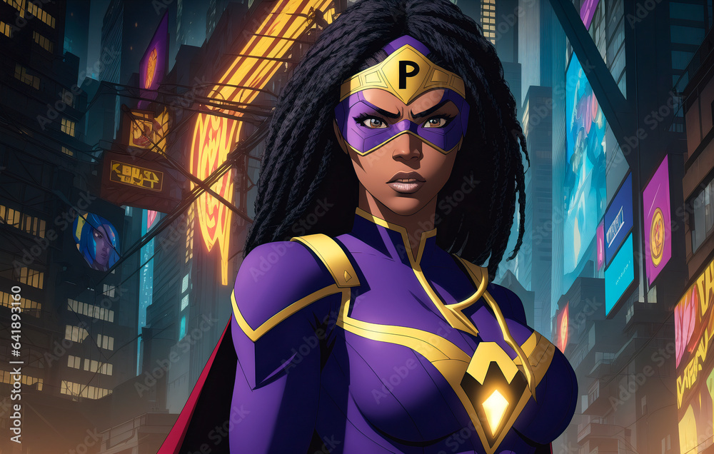 Obraz premium African american superhero with a mask on his face. Portrait of black woman n fantastic costume.