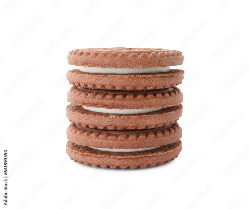 Stack of tasty chocolate sandwich cookies with cream isolated on white