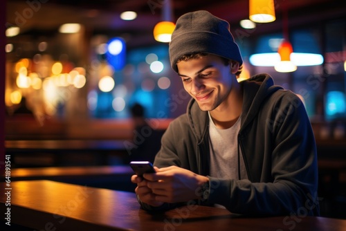 a handsome young man texting and using on his mobile smartphone and smiling in a cafe bar. blurry background. late in the night evening. Generative AI
