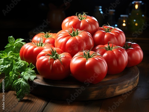  tomatoes on the board, on a wooden plate