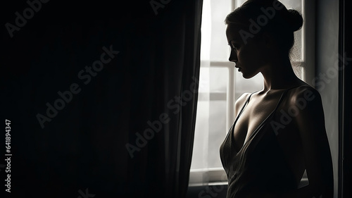 暗い部屋にいる下着姿の女性のシルエット・ボディライン・バスト・胸元
 photo